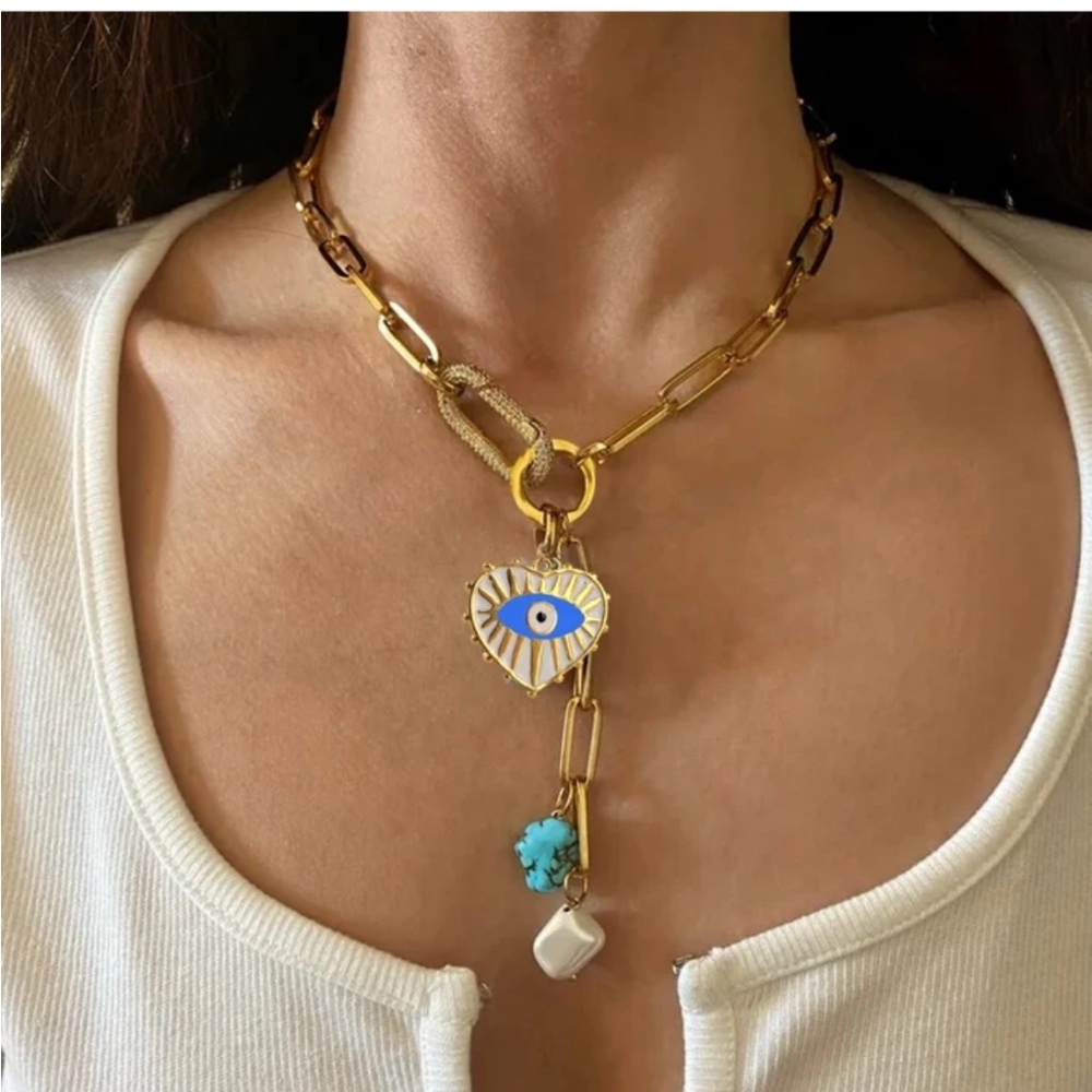 Gold Evil Eye Heart Pendant Necklace